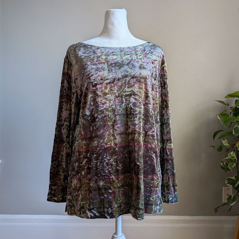 NWT Vintage Y2K Jones New York Plaid Crushed Velvet Top Whimsygoth Size Large